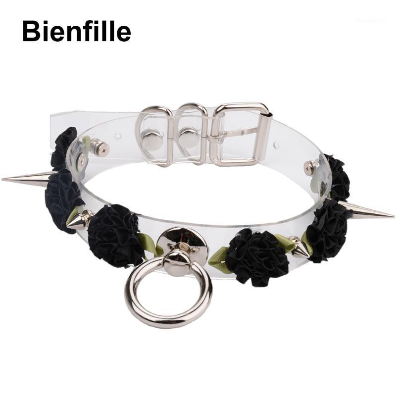

Handmade Kawaii Choker Punk Gothic Rose Collar Necklace Six Color Flowers Tranparent Faux Leather Spiked Collar Choker For Women1