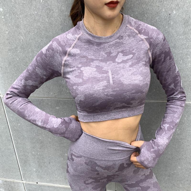 

2pcs Camouflage Set Women Yoga Suit Sport Set Gym Workout Clothes Long Sleeve Fitness Crop Top High Waist Seamless Camo Leggings, Green
