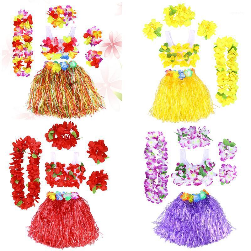 

6Pcs Hawaii Tropical Hula Grass Dance Skirt Kids Flower Leis Bracelets Headband Necklace Bra Set Hawaiian Party Costume1, Orange