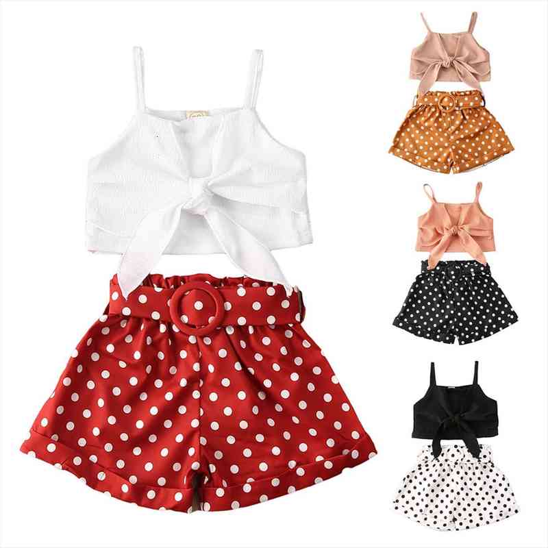 

Summer Kids Baby Girls Polka Dots Clothes Set Cotton Kids Sleeveless Tops shorts Outfits Tracksuit, White
