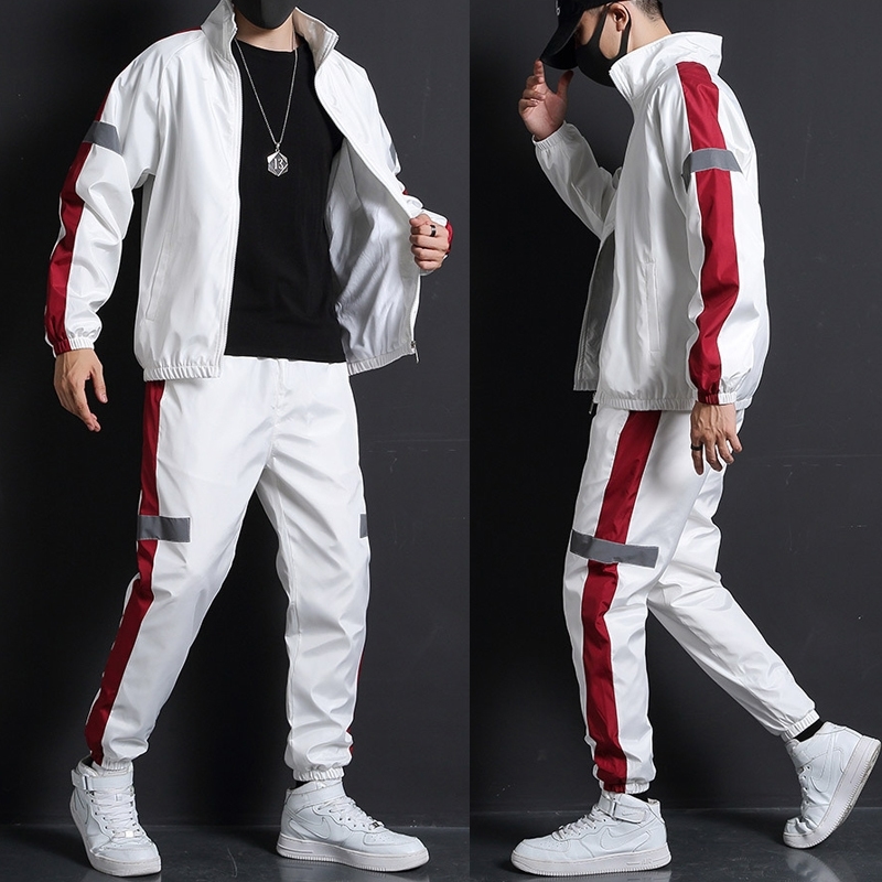 

Men Fashion Tracksuit Spring Autumn Reflective Sweatshirt +Sweatpants Tracksuit Set Men New Patchwork Slim Fit Sweat Suits 201201, Zya19-3 white