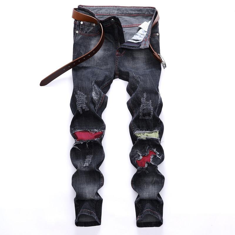 

LEOSOXS Men Jeans Patchwork Hole Ripped Denim Distressed Black Straight Fashion Bleached Male Retro Pleated