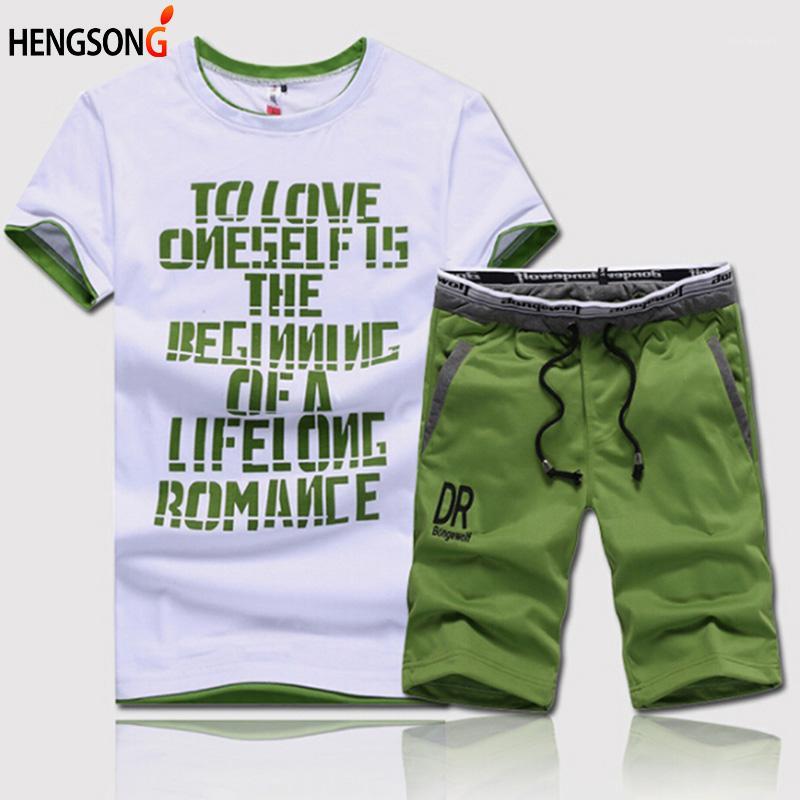 

Summer 2Piece Set Fitness Clothes Man Casual O Neck Short Sleeve Letters Printed Top Tees Drawstring Pockets Shorts Fitness Set1, Green