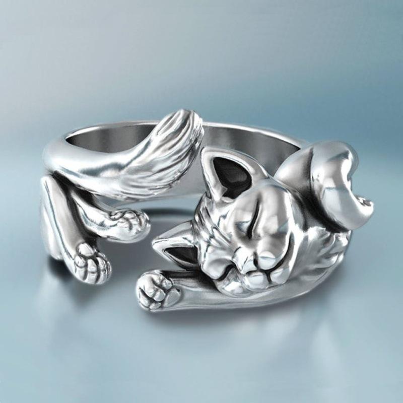 

Fashion Cute Kitten Opened Adjustable Ring Jewelry Classic Vintage Women Silver Color Cat Wedding Rings for Female Gift