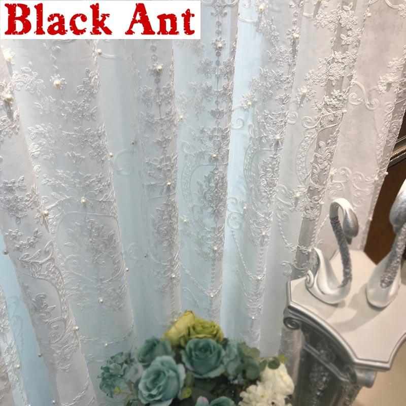 

White Lace Pearl Embroidery Tulle Curtain for Living room Fashion Nordic Geometric Window Screen Finished Wedding Decor ZH040F, Pearl tulle