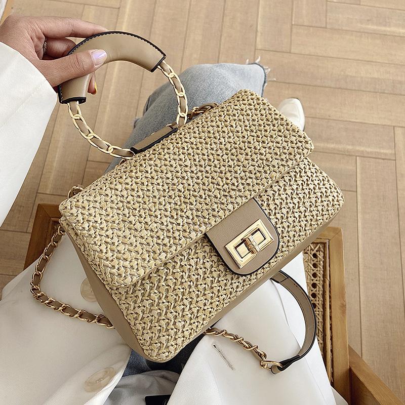 

2021 Trendy Lock Small Handbags Elegant Female Square Crossedbody Bag Summer Woven Hand Bag Fashion Chain Shoulder Messenger, Black