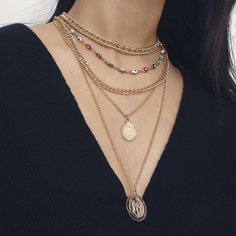 

Vintage Multilayer Thick Chains Round Figure Coin Eyes Pendant Necklace for Women Exaggerated Geometric Necklace Jewelry XR2677