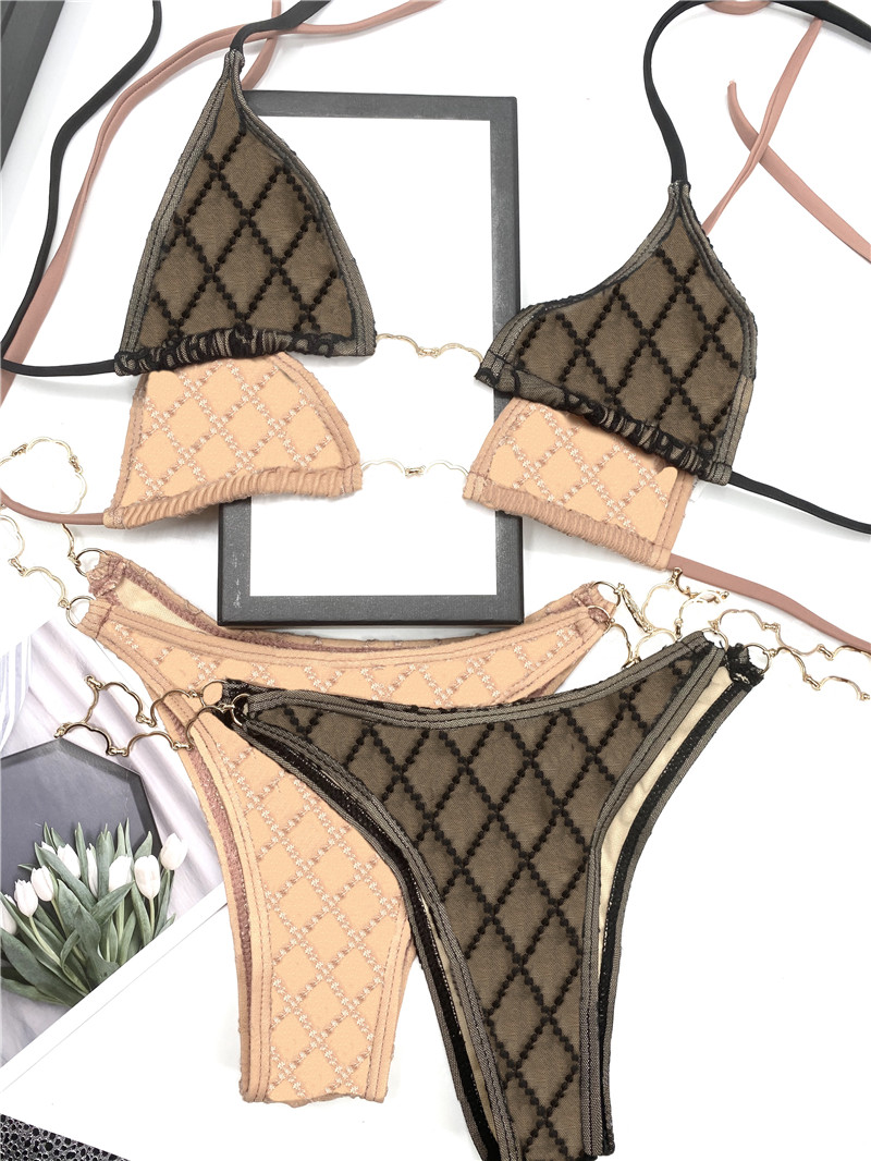 

Chain Split Bikinis Tulle Letters Embroidery Bathing Suit for Women Summer Pool Beach Sunbathing Beachwear Women Fashion Swimsuit