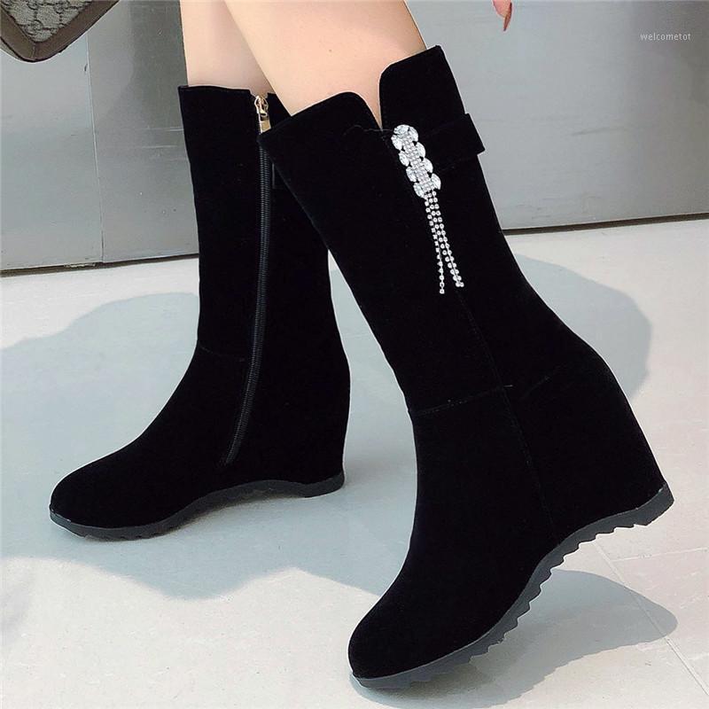 

New Fall Winter Rhinestone Flock Women Ankle Boots Increas Thick Bottom Fashion Mid Tube Ladies Shoes Botines Mujer Size 33-441, Black