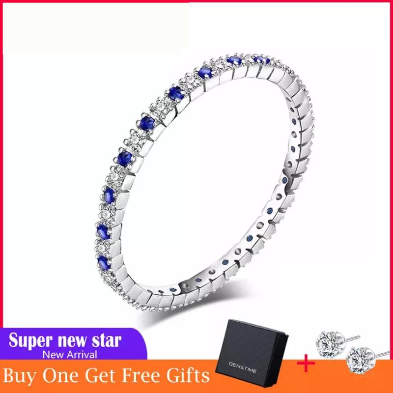 

Gem&Time 925 Sterling Silver Row Blue Zircon Thin Stackabl Rings For Women Statement Wedding Band Finger Fashion Jewelry Bagues