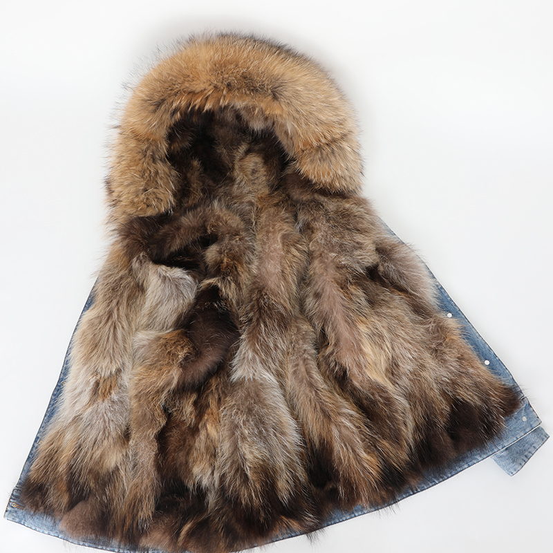 

2021 New Denim Pie Supersedes Raccoon Skin Lining Fox Fur Collar Long Woman's Winter Coat VAUV