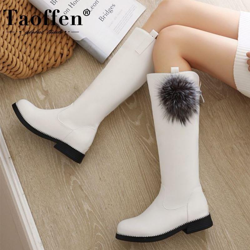 

Taoffen Size 26-40 Women Knee Boots Pompon Round Toe Flats Zipper Shoes Winter Warm Boots Party Women Fashion Footwear1, Black