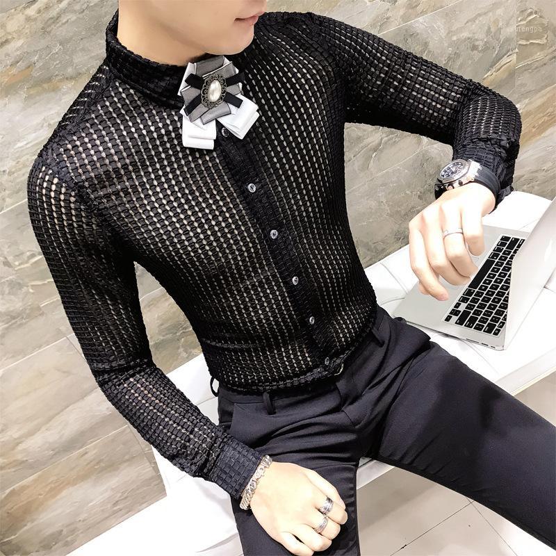 

Men's Dress Shirts Shirt Men See Through Fashion Designer Casual Slim Fit Long Sleeve Club Prom Party Camisa Social Masculina1, Black