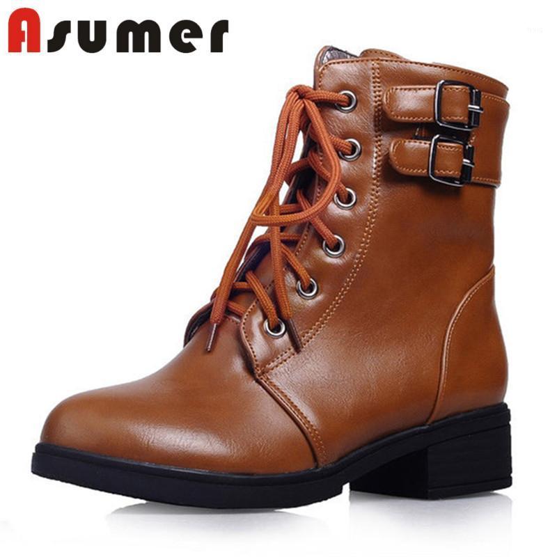 

ASUMER NEW 2020 buckle ankle boots for women solid simple autumn winter boots round toe high quality pu fashion size34-431, White not fur