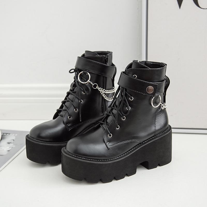 

2021 News Autumn Women Ankle Boots Round Toe Platform Chunky Heels Female Gothic Style Punk Ladies Shoes Black Size 35-39