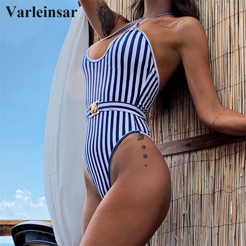 

NEW Striped Halter One Piece Swimsuit Women Swimwear Female Bather With Waist Band Bathing Suit Swim Wear Monokini V1236 Y200824, Black
