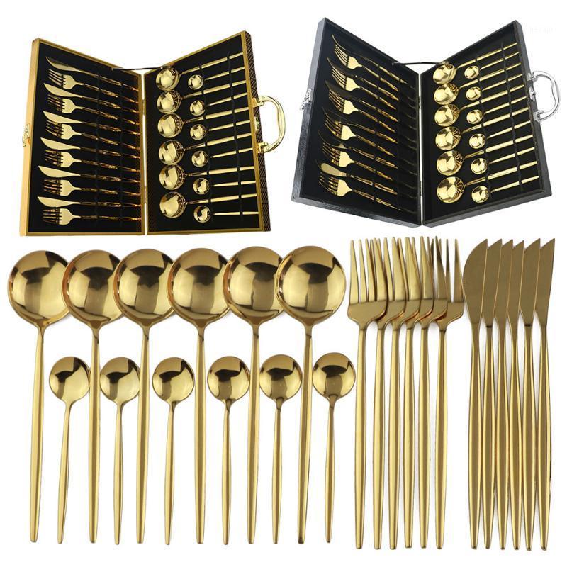 

24pcs Gold Dinnerware Set 18/10 Stainless Steel Flatware Set Knife Fork Spoon Cutlery Kitchen Tableware Silverware With Gift Box1