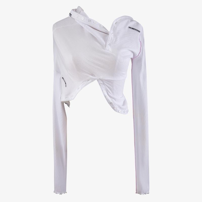 

Embroidered letter open button asymmetric sexy short open navel knitted long sleeve T-shirt for women 1015, Blue
