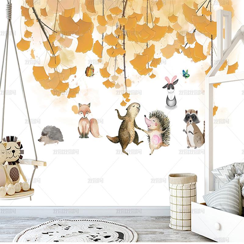 

Modern simple wallpaper hand painted cartoon small animal wallpaper mural children's room sofa bedroom background, Silk cloth