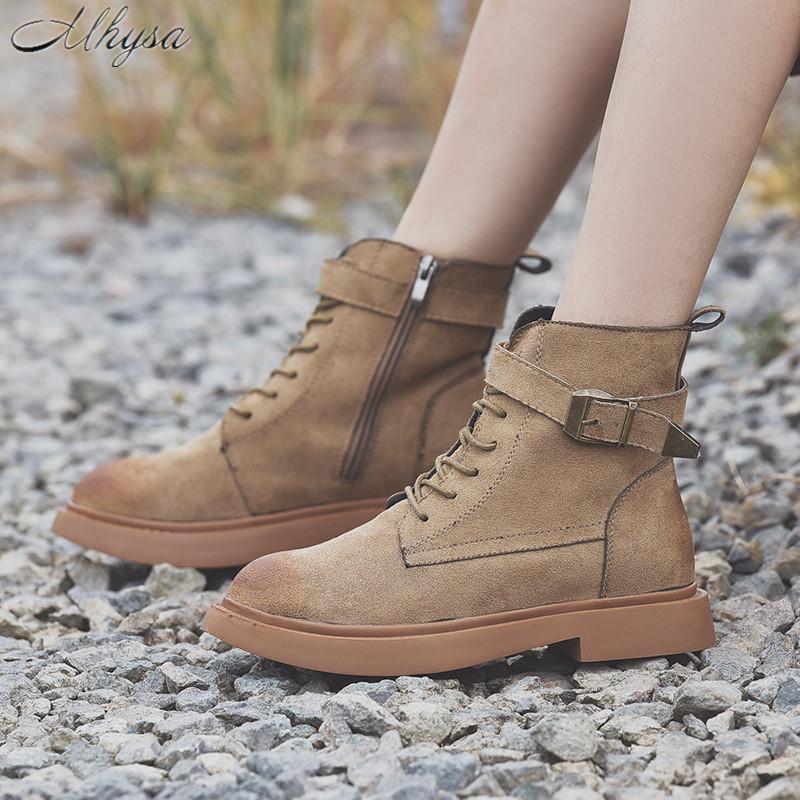 

2020 Autumn Winter New Boots Female British Wind Suede Mid-Heel Short Boots Front Lace Warm Velvet Cotton Shoes D1470, Black