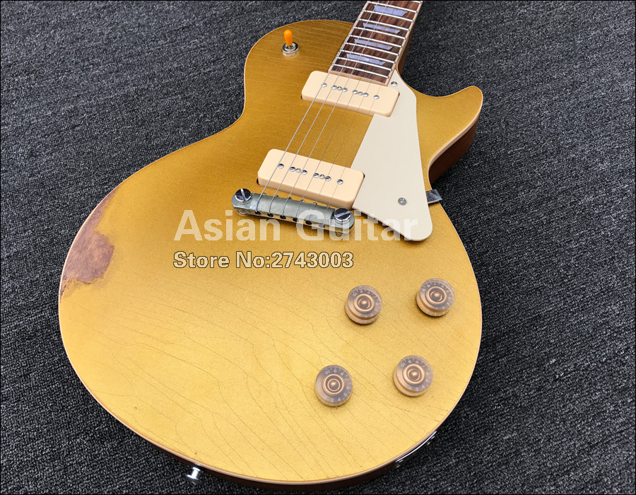 

Custom Shop Heavy Relic Gold Top Goldtop Electric Guitar One Piece Mahogany Body & Neck, P-90 Pickups, Wrap Around Tailpiece, Grover Tuners