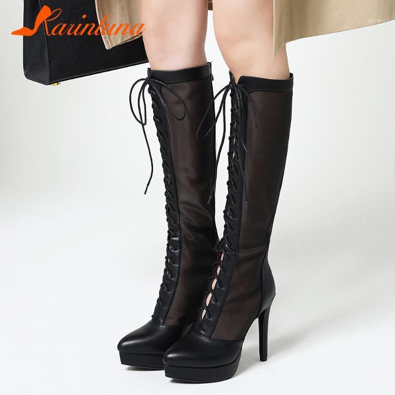 

Karin Big Size 43 On Sale Fashion Knee Boots Cross-tied Plarform Patchwork Pointed Toe Spike Heels Solid woman shoes1, Black