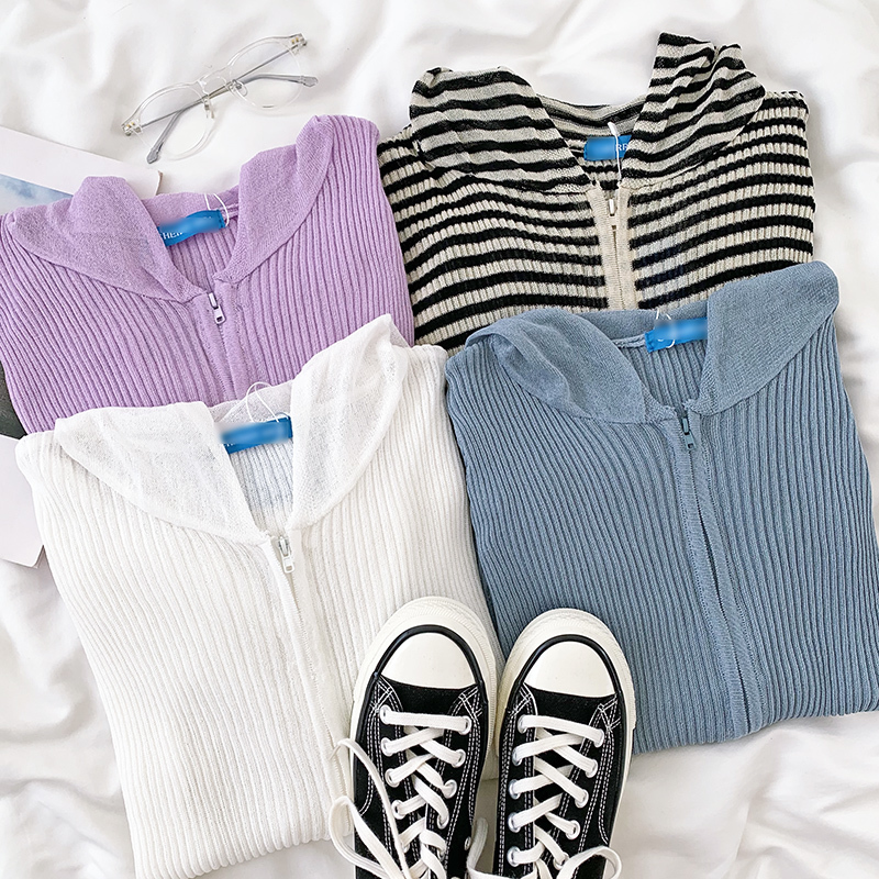 

2021 New Female hooded slim sweater, four colours, summer, zipper, long sleeve, women's tops (c1301)) JY36, Black white stripe