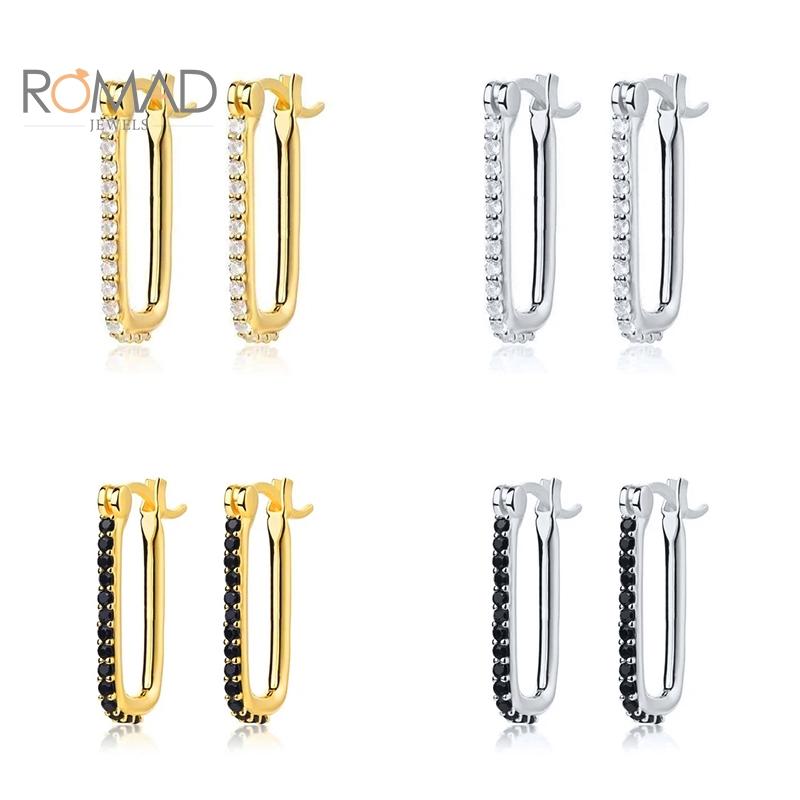 

Hoop & Huggie ROMAD Women Gold Color Pendientes Earrings Jewelry 925 Sterling Silver Black White Zircon Bijoux Femme