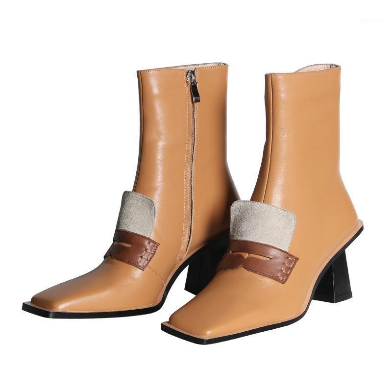 

Thick Heels Ankle Boots Women Genuine Leather Booties Square Toe Shoes Female Fashion Zip Shoes Ladies 2020 New Spring/Autumn1, Orange