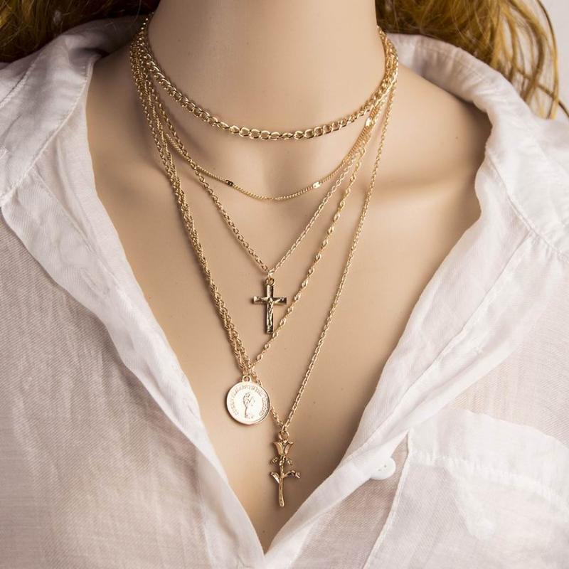 

Fashion MultiLayer Necklace for Women Vintage Flowers Coin Star Moon Cross Pendant Necklace Geometric Collier Collares Bohemian