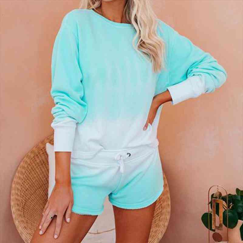

gradient drawstring womens sets loose o-neck long sleeve shorts sport female set fashion homeclothes 2 piece lady suits, Gray