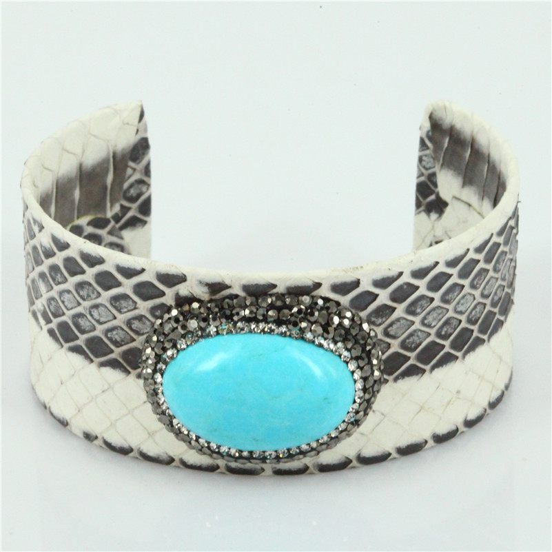 

Charm Real Snakeskin Natural Stone Women Open Bangle Bracelet Fashion Statement