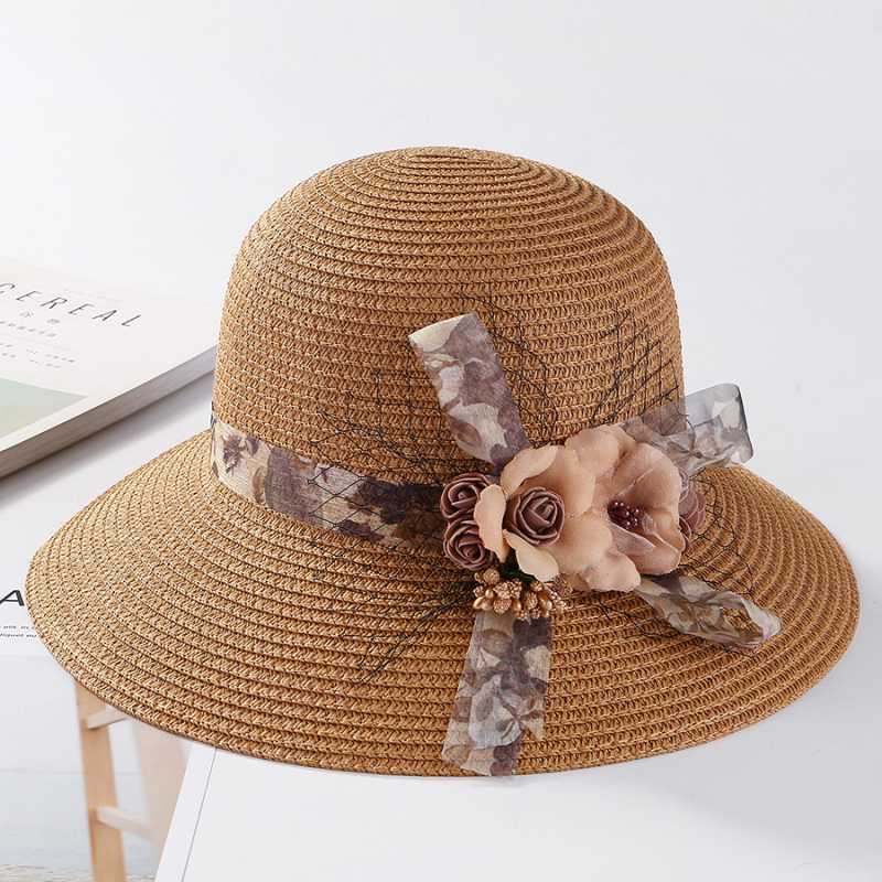

HT1666 2020 New Fashion Summer Sun Hats for Women Korea Flower Mesh Packable Bucket Hats Ladies Solid Wide Brim Beach Straw, Khaki
