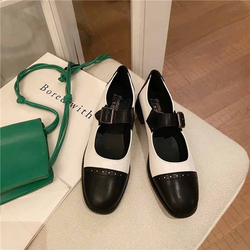

Genuine Leather Shoes Women Flats Elegant Woman Mary Janes Fashion Brand Shoes Female Footwear Black White A2541 #Bz0B, Assorted
