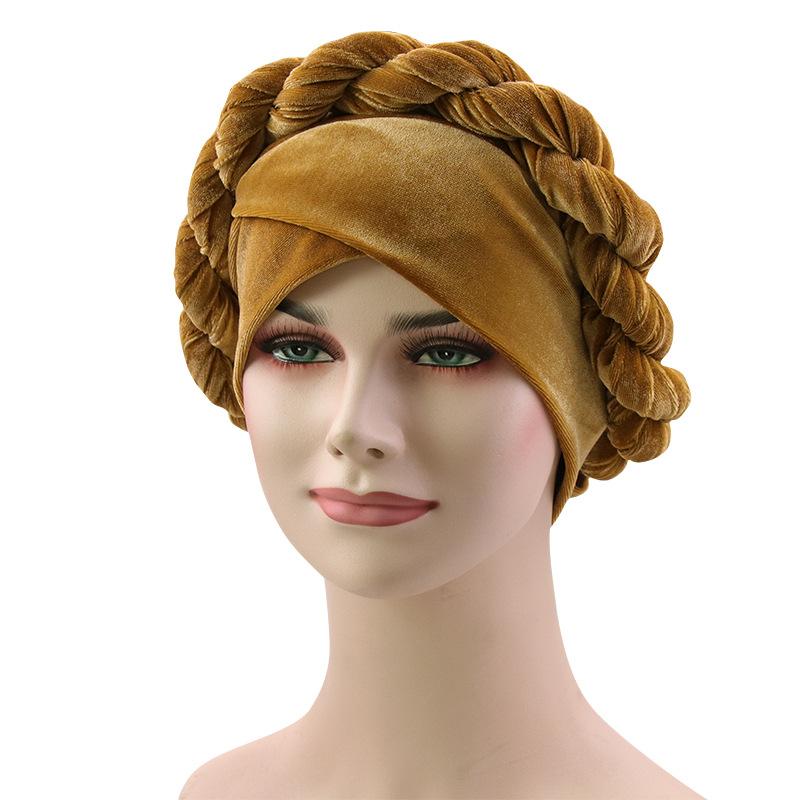 

2021 Winter Velvet Braid Turban Hat Muslim Women Cross Hijab Scarf Bonnet African Head Wrap Ladies Cancer Chemo Beanie Cap