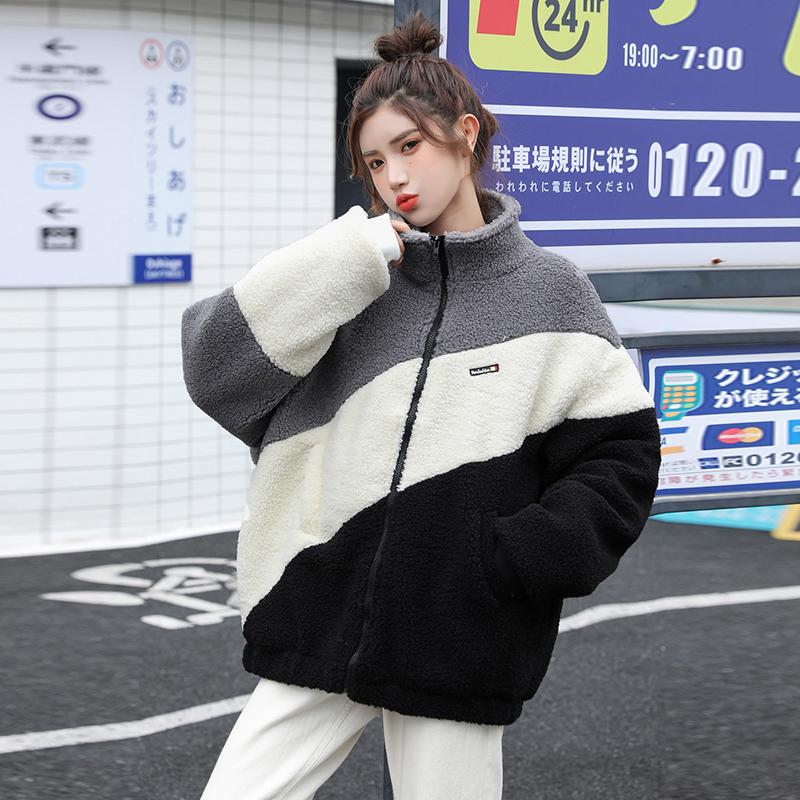 

autumn and winter wild Korean version of loose stitching lamb wool polar fleece coat female student ins, Gray