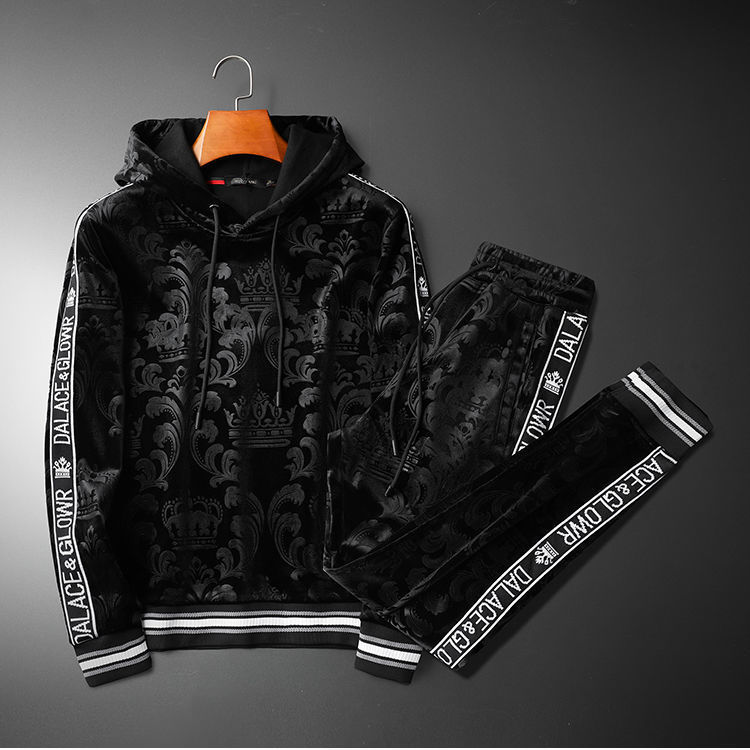 

European Station Casual Hooded Velvet Long Sleeve Pants Set Men 's New Autumn and Winter Sports Printed Sweater Two Piece Set fo X1218, Gray
