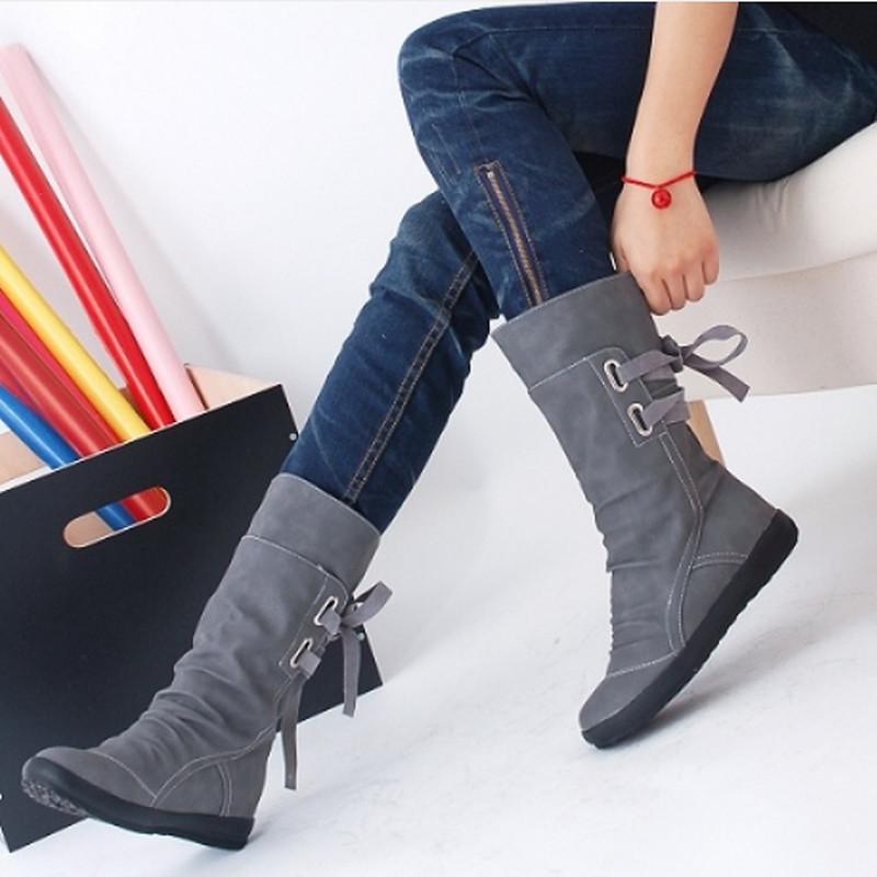 

Elegant New Fashion Women Autumn Winter Boots Mid-Calf Solid Flat With PU Boots Warm Fur Inside Ladies Shoes Big Size 26-62, Black