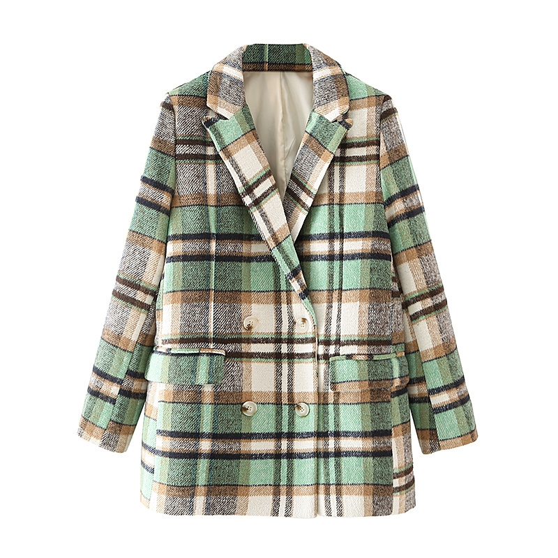

2021 New Elegant Green Plaid Woolen Jackets Fashion Ladies Blazers Streetwear Female Chic Pocket Jacket 2E7T