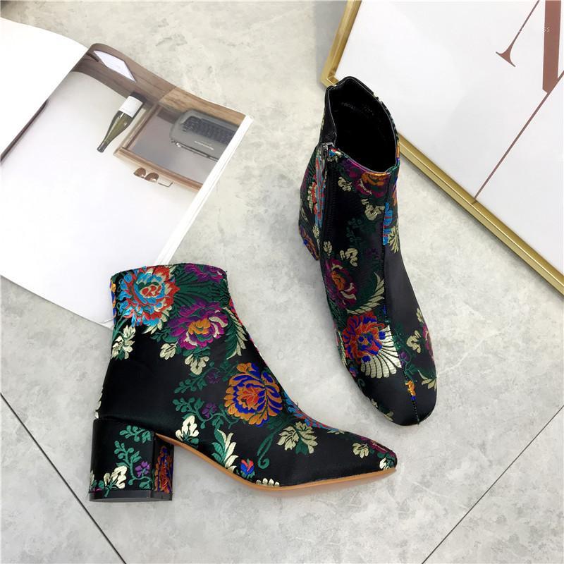 

NEW women ankle boots winter embroider silk autumn zip round toe fashion black shoes Casual fabric Handmade riding female boots1