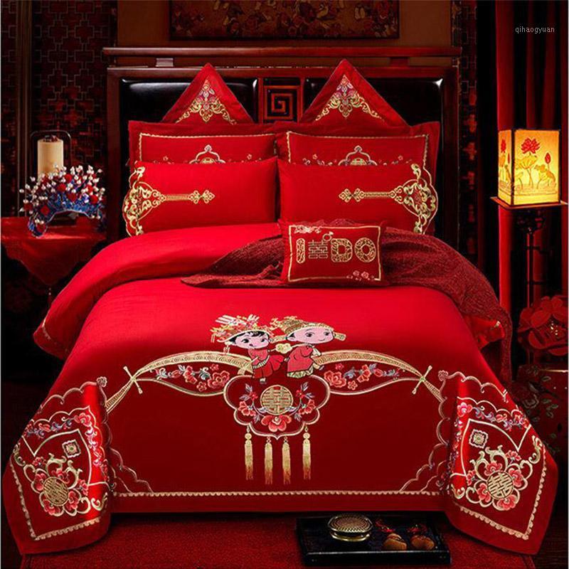 

Luxury red wedding kit New Chinese embroidered duvet cover set high level wedding bedding set 6pcs/7pcs/8pcs/10pcs kit free ship1, Style 4