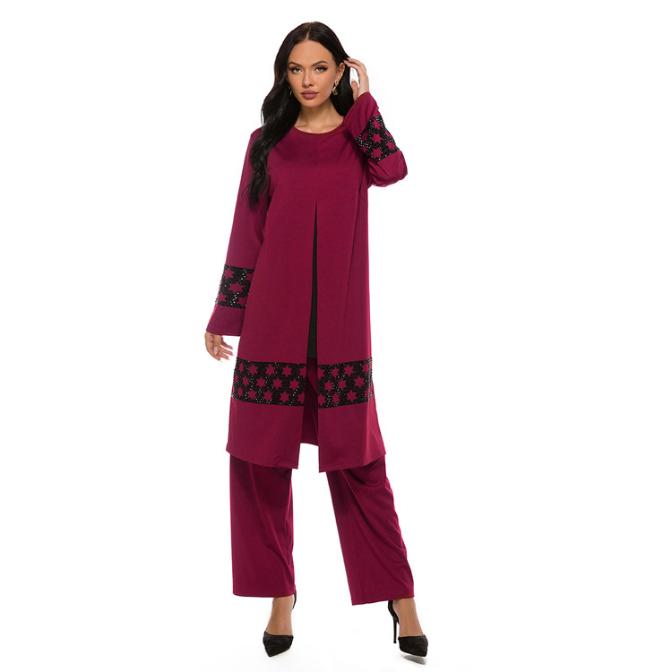 

Dubai Muslim Two Piece Set Dress and Wide Leg Pants Women Abaya Diamond Moroccan Kaftan Ramadan Islamic Clothing Abayas Sets, White