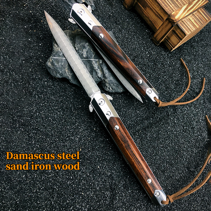 VG10 Damascus steel pocket folding knife tactical camping outdoor self-defense survival sand iron wood handle knife EDC multi-tool-image-597965075