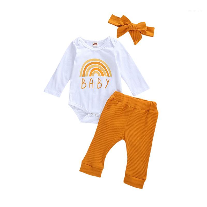 

Spring Autumn Infants Baby Clothing Baby Boy Girl Long Sleeve Letter Rainbow Printed Tops Romper Pants Headband Clothes 0-24M1, Yellow
