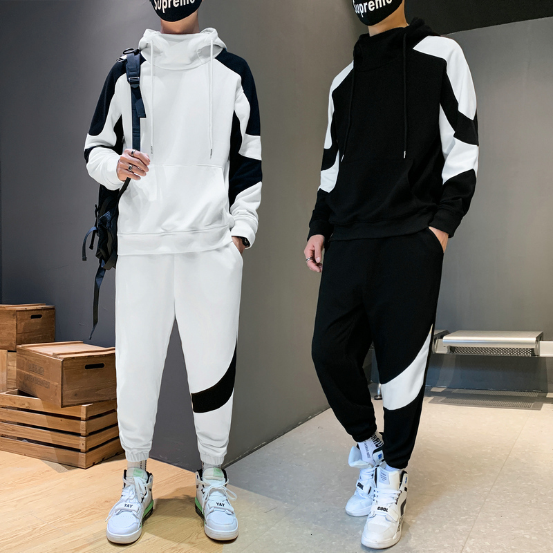 

2021 New Patchwork Men's Sportswear Sets Autumn Spring Hoodies Casual Black White Tracksuit Sweatshirt + Sweatpants Track Suit 7s3r, Ds953 a