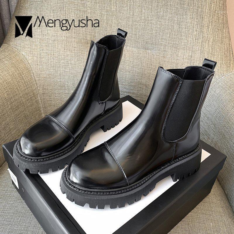 

Retro stretch motorcycle boots women shine pu thicken round toe short botas girls british trend chunky heels slim knight bottes1, Black