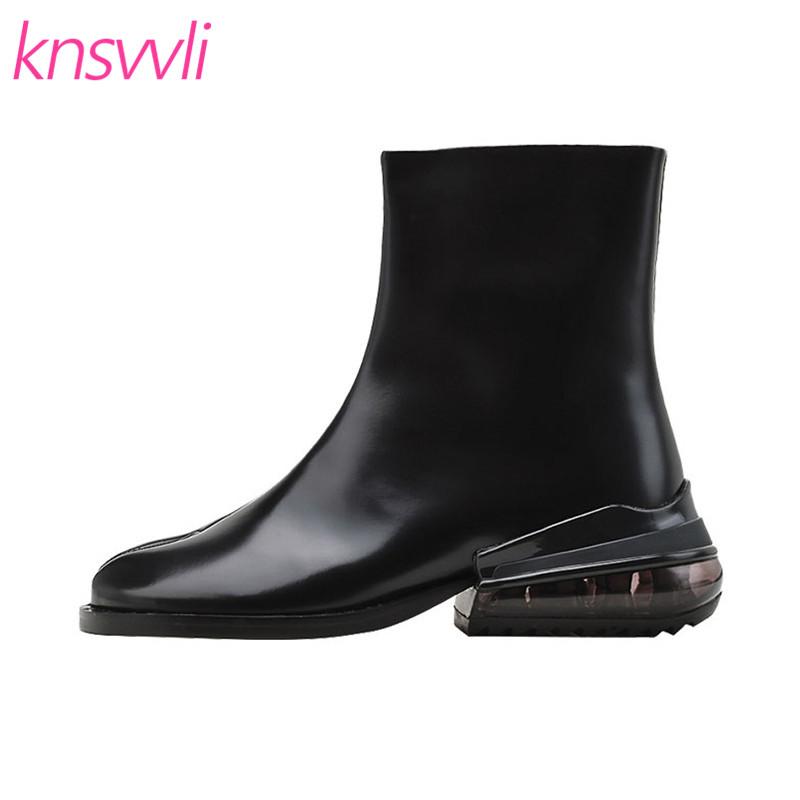 

Clear Low Heels Ankle Boots Women Split Toe Genuine Leather Short Boots Casual Western Knight Designer Brand Shoes Woman, White 1 as show