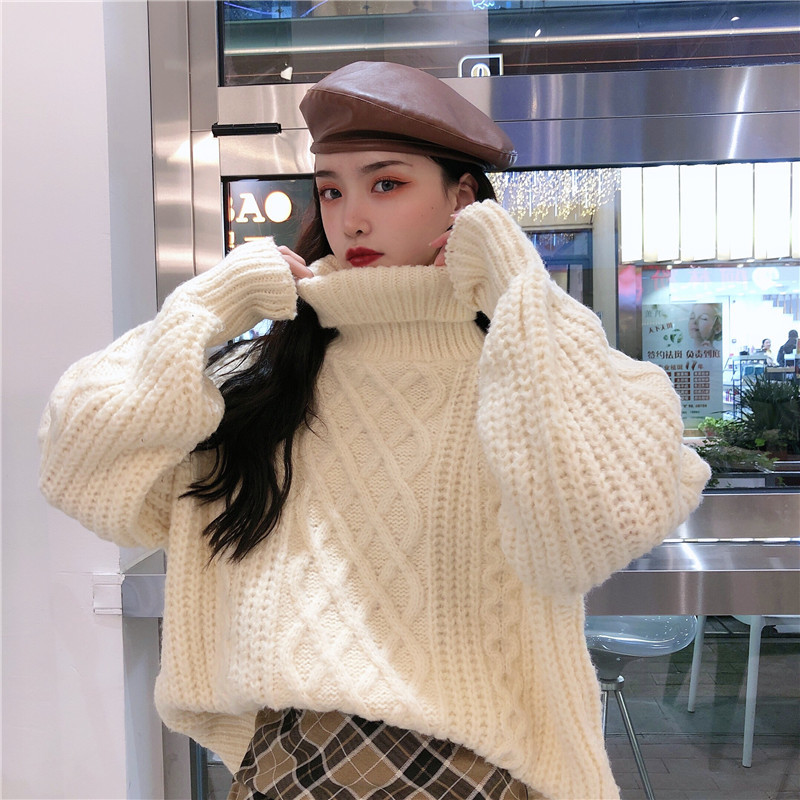 

Twist Sweater Women's High-necked Thick Short Pullover Women Korean Style Fashion Casual Loose Lazy Jacket Outer Wear Womens Tops, White