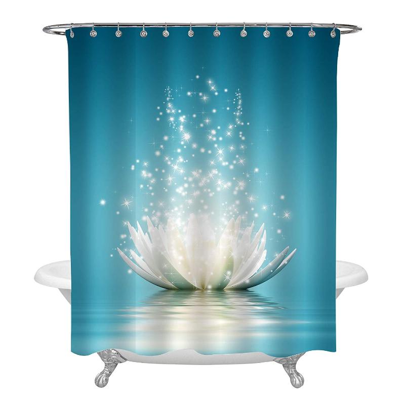 

Artistic Hand Painting Bright Waterlily Art Deco Shower Curtain for Spa Spiritual Relaxation Decor Turquoise White