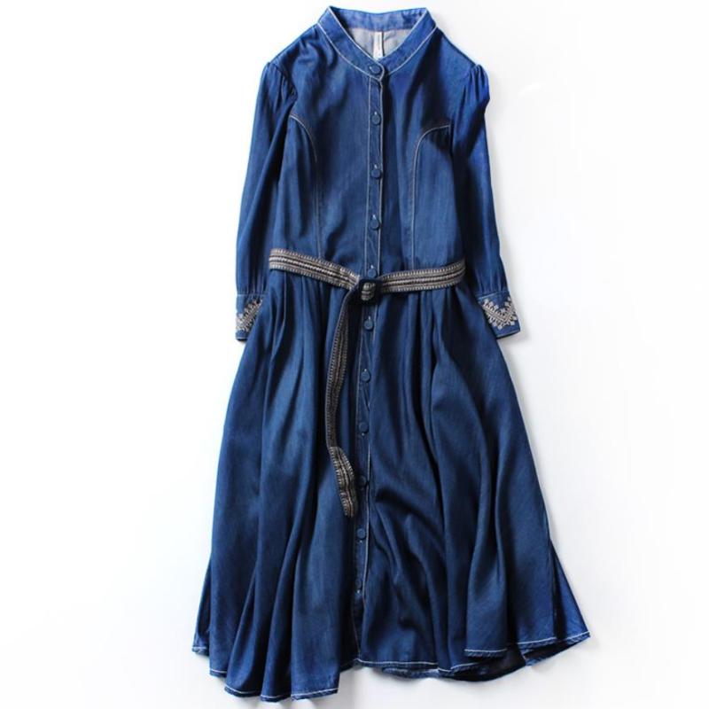 

plus size 2XL! denim dress Spring new retro embroidered women three quarter sleeve stand collar single breasted jeans dress a-li, Blue